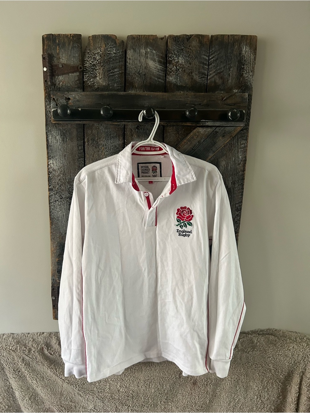 England Rugby White Long-Sleeve Rugby Shirt with Red Trim